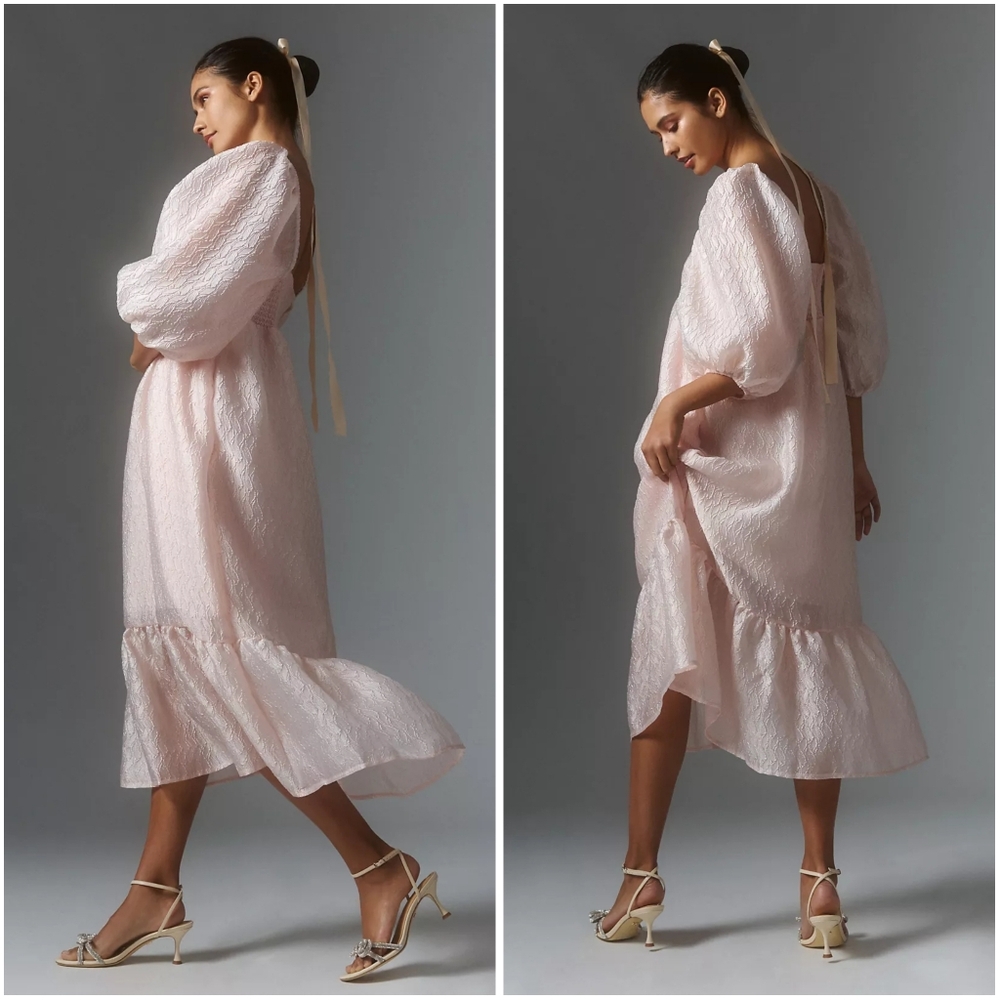 NWT Anthropologie Textured Puff Sleeve Pink Midi Dress Medium - Picture 2 of 9